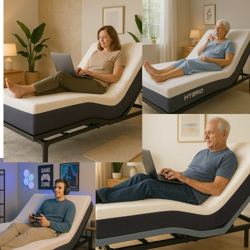 Cama eléctrica ajustable en uso por adultos mayores, jóvenes y personas de mediana edad. Ideal para el hogar, salud, confort y recuperación en casa con diseño tipo hospitalario discreto